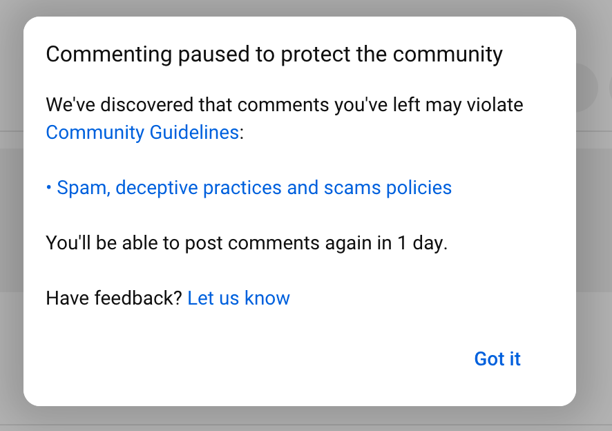 Commenting paused to protect the community
We've discovered that comments you've left may violate
Community Guidelines:
• Spam, deceptive practices and scams policies
You'll be able to post comments again in 1 day.
Have feedback? Let us know
Got it