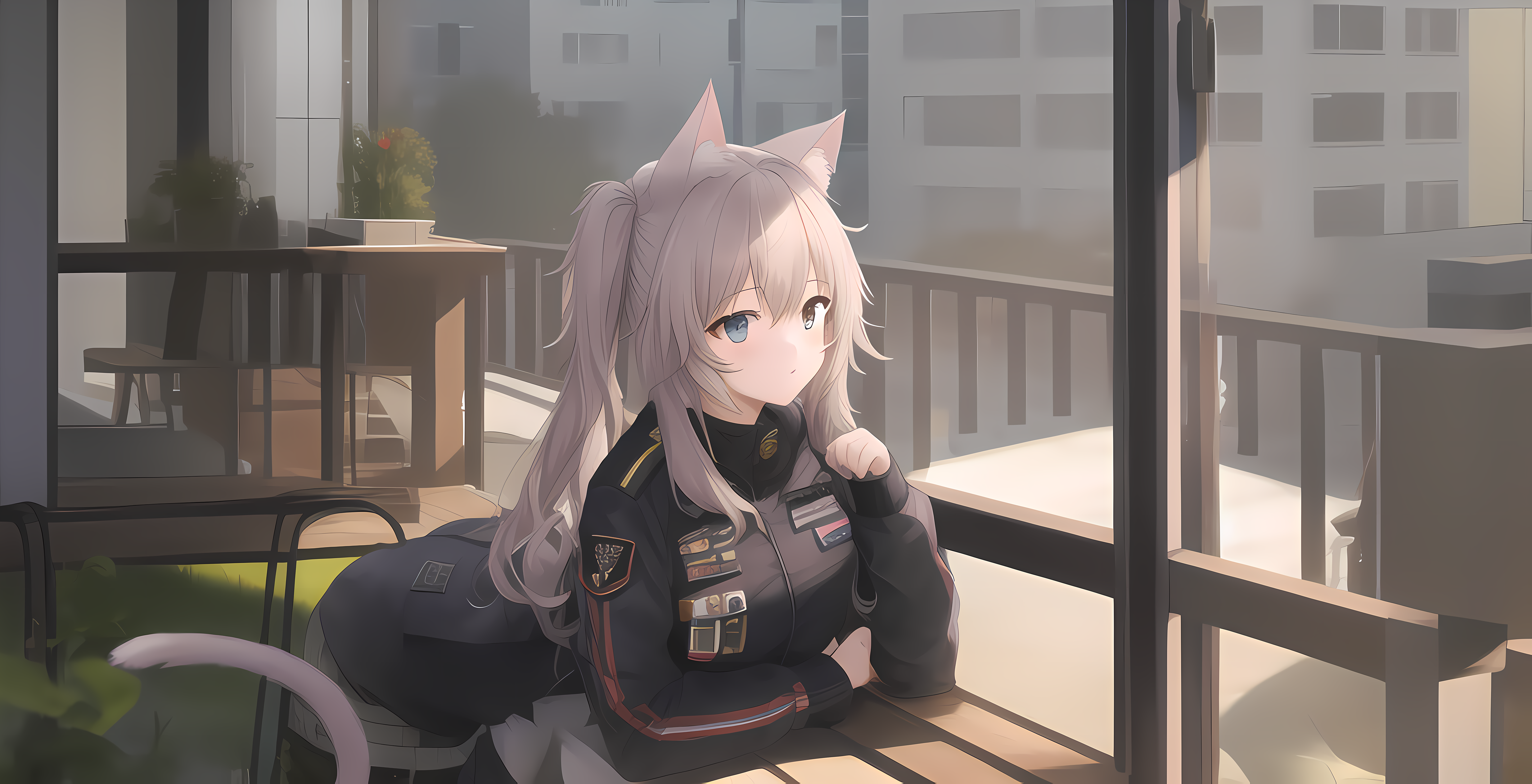 A catgirl dressed in an ACU, lounging.